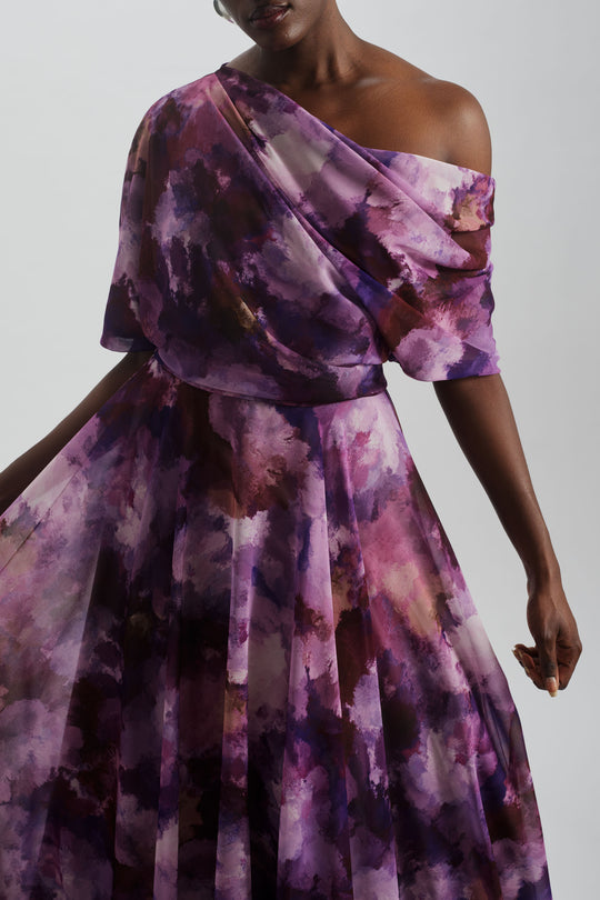 Printed Slouch Dress, $1,650, dress from Collection Evening by Amsale, Fabric: taffeta