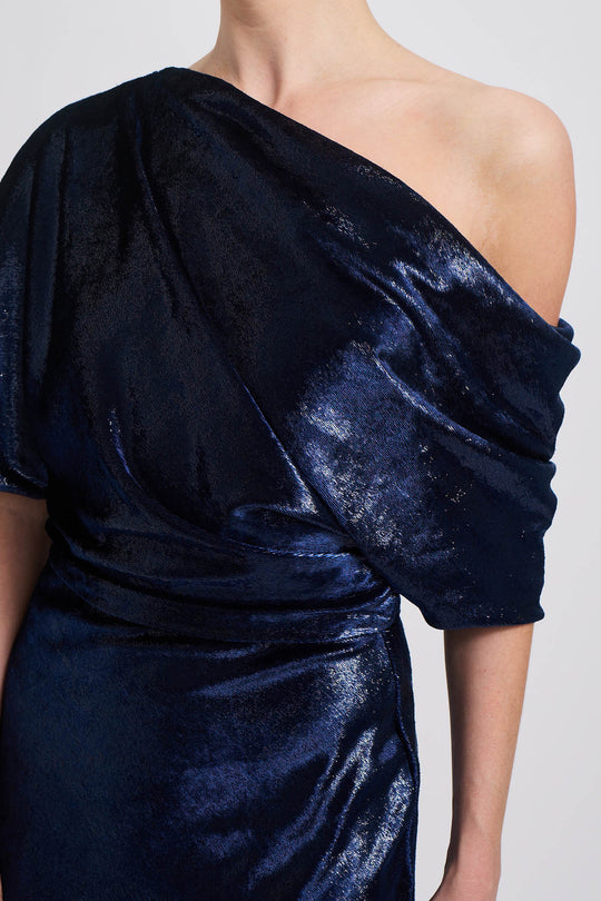 Navy Lamé Draped Cocktail Dress, $405, dress from Collection Evening by Amsale, Fabric: lame-velvet