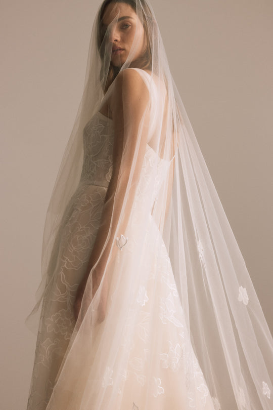 Veil - matching Calypso, $900, dress from Collection Bridal by Nouvelle Amsale, Fabric: floral-embroidered-tulle