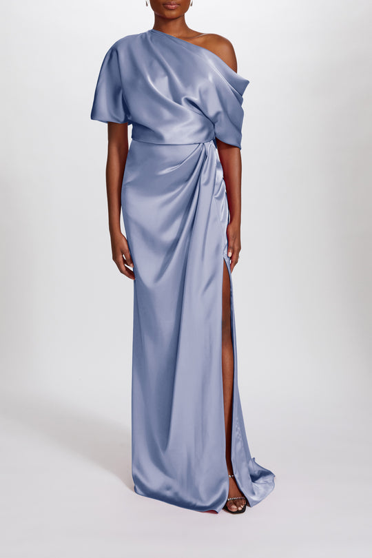 Fluid Satin Off-the-Shoulder Gown, $595, dress from Collection Evening by Amsale, Fabric: fluid-satin